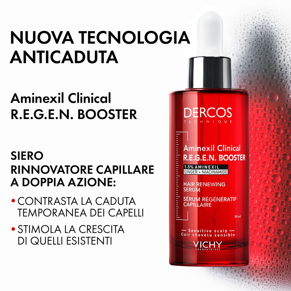 Rote Flasche mit Pipette, Dercos Aminéxil Clinical R.E.G.E.N. Booster Haarserum.