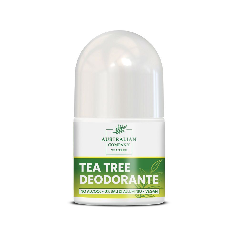 Roll-on Deodorant mit Teebaumöl, weißer Behälter mit grünem Etikett.