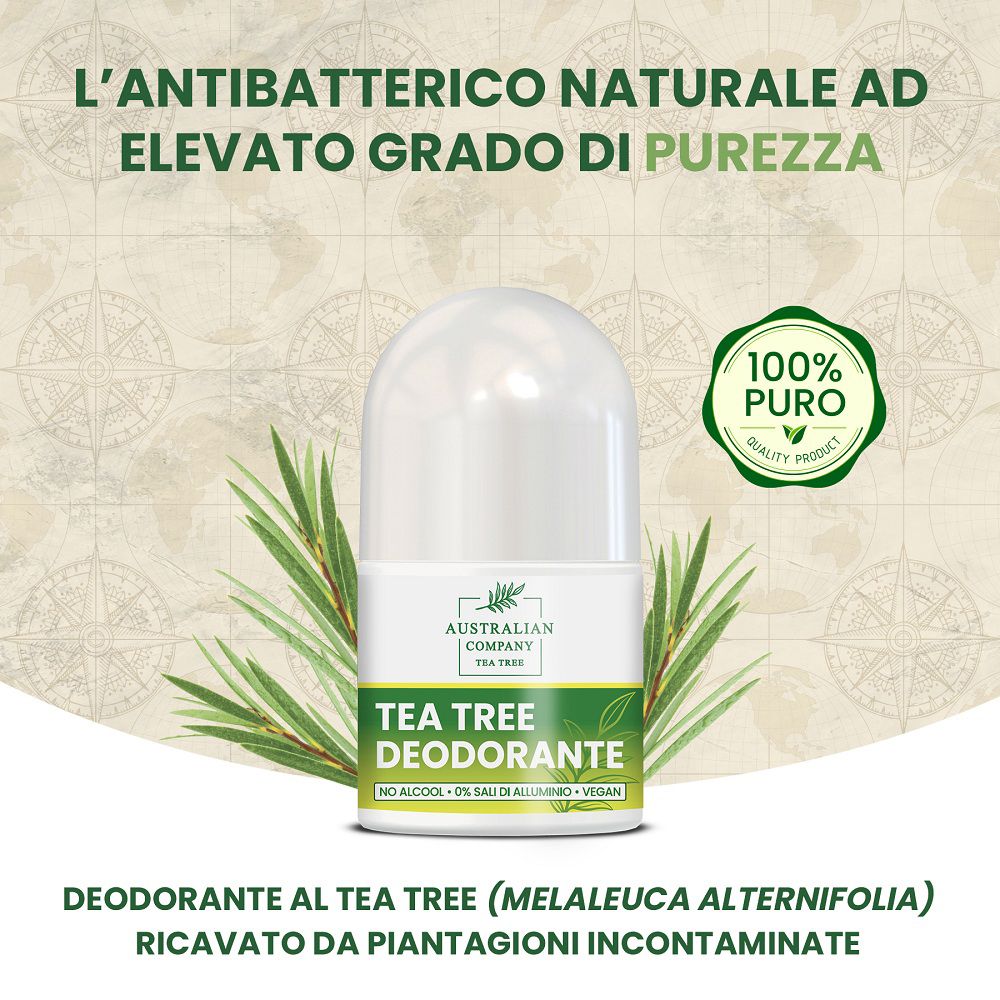 Roll-on Deodorant mit Teebaumöl, mit Teeblattelementen und Qualitätszertifikat.