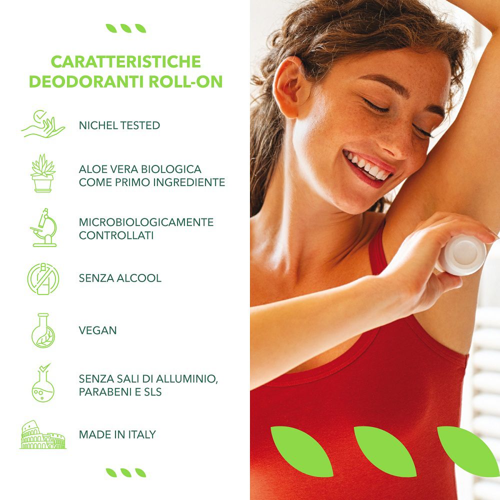 Deo Naturals Roll-on: Vegan, ohne Alkohol, ohne Aluminiumsalze, mikrobiologisch getestet, Made in Italy.