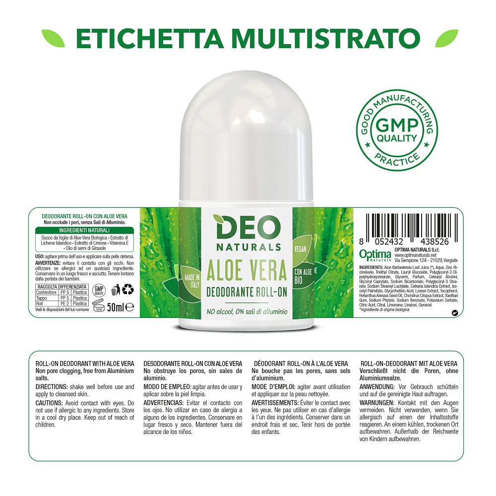 Deo Naturals Aloe Vera Deodorant Roll-on, 50ml, mit Inhaltsstoffen und Anwendungshinweisen.