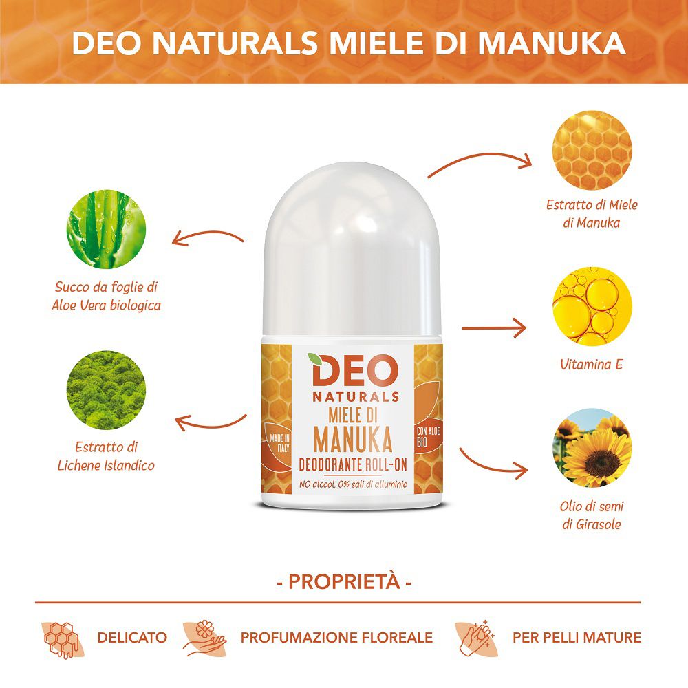 Deo Naturals Manuka Honig Roll-On Deodorant. Zeigt Aloe Vera, isländischen Moos, Vitamin E und Sonnenblumenöl.