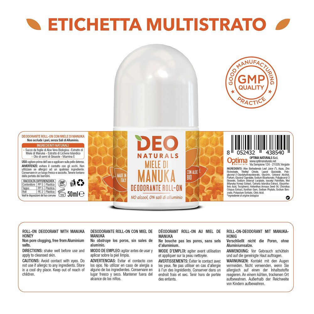 Deo Naturals Manuka Honig Deodorant Roll-On, 50ml. Mit GMP-Qualitätssiegel.