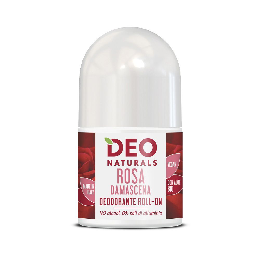 Deo Naturals Rosa Damascena Deodorant Roll-on mit Rosenmotiv.