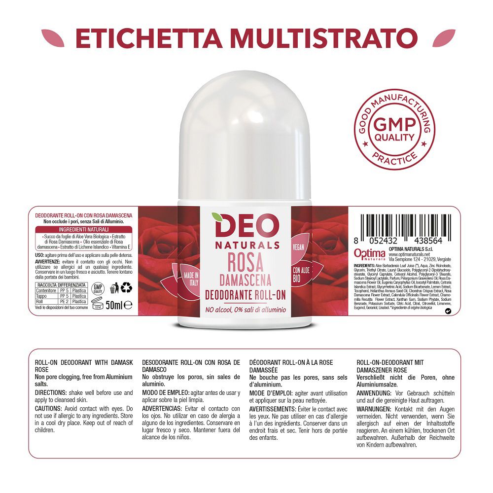 Deo Naturals Rosa Damascena Deodorant Roll-on, Rückseite mit Inhaltsstoffen und Barcode.