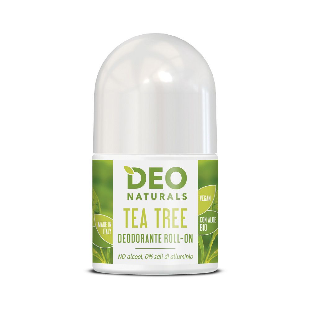 Deo Naturals Tea Tree Deodorante Roll-on, weißer Behälter mit grünem Etikett.