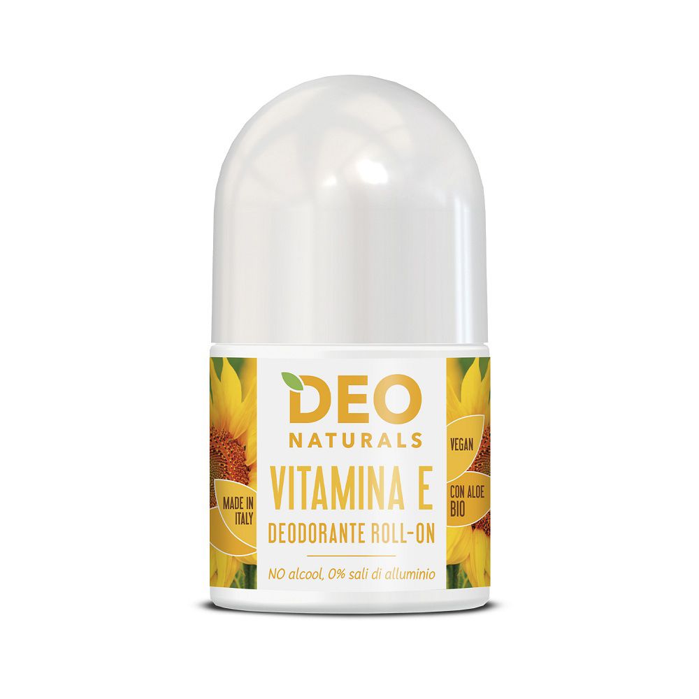 Deo Naturals Vitamin E Deodorant Roll-on mit Sonnenblumen-Design. Ohne Alkohol, ohne Aluminiumsalze.