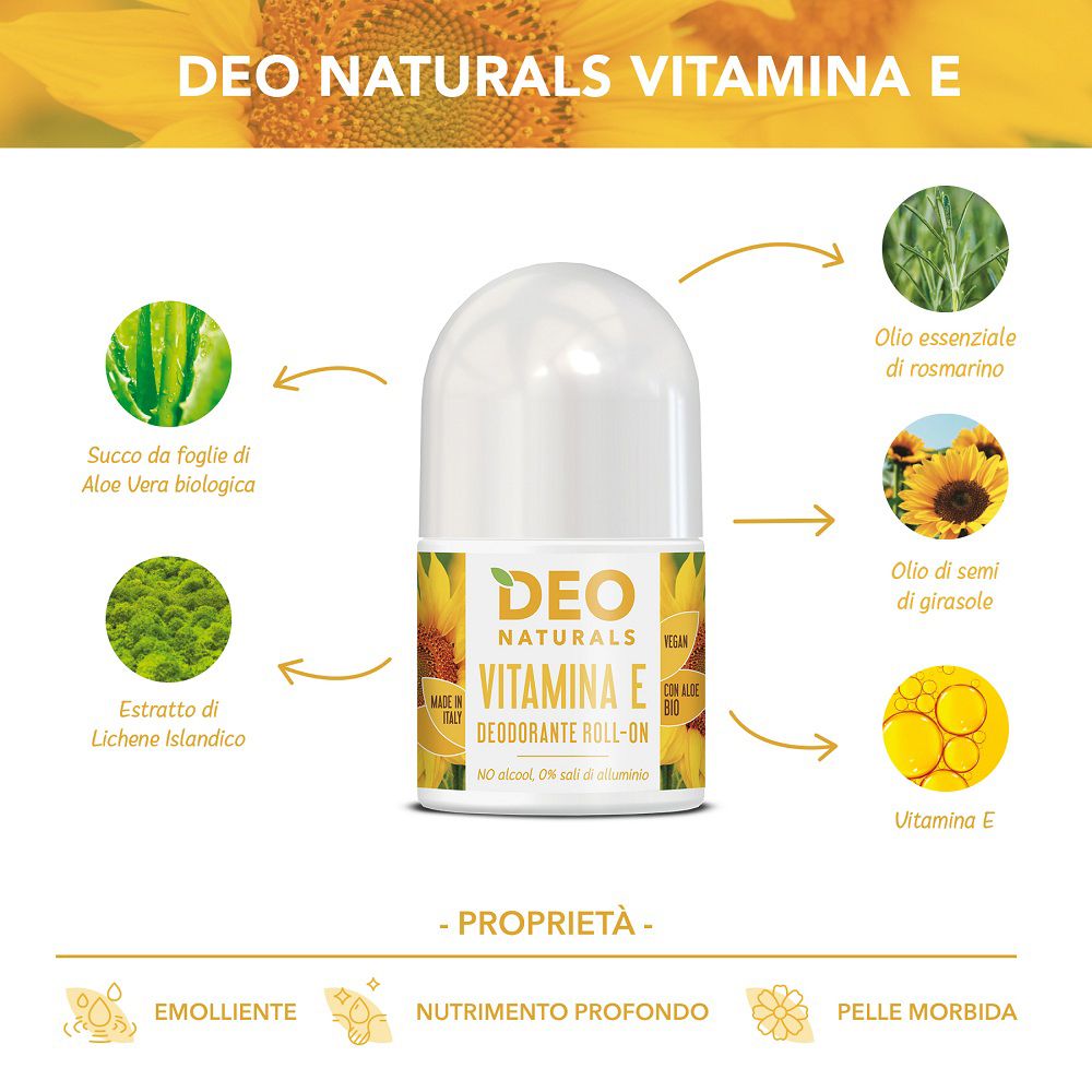 Deo Naturals Vitamin E Roll-on mit Inhaltsstoffen wie Aloe Vera, Rosmarin und Sonnenblumenöl.