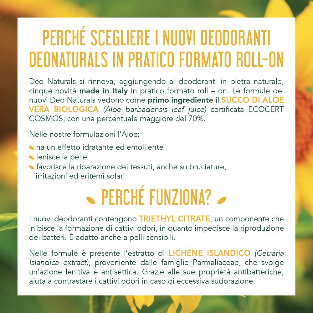 Informationen über Deo Naturals Deodorant Roll-on mit Vitamin E, hergestellt in Italien.