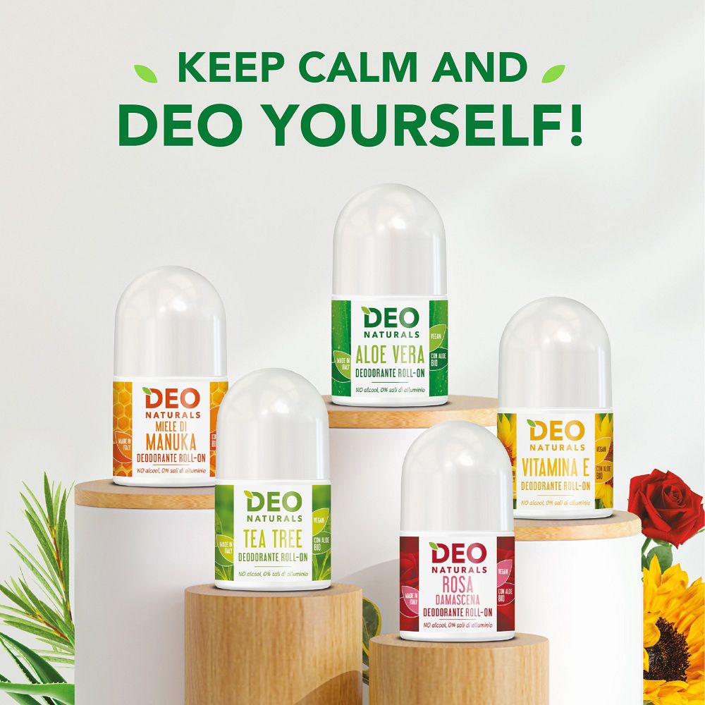 Fünf Deo Naturals Roll-on Deodorants, darunter Vitamin E, Aloe Vera, Manuka, Tea Tree und Rosa.