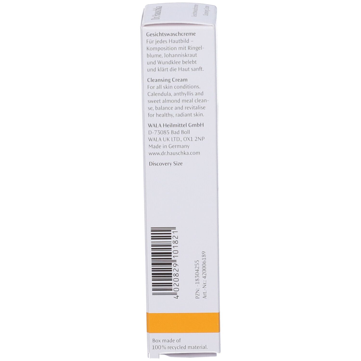 Weiße Faltschachtel mit schwarzem Text. Enthält Informationen über Gesichtscreme, Inhaltsstoffe und Hersteller. Barcode und Artikelnummer sichtbar.