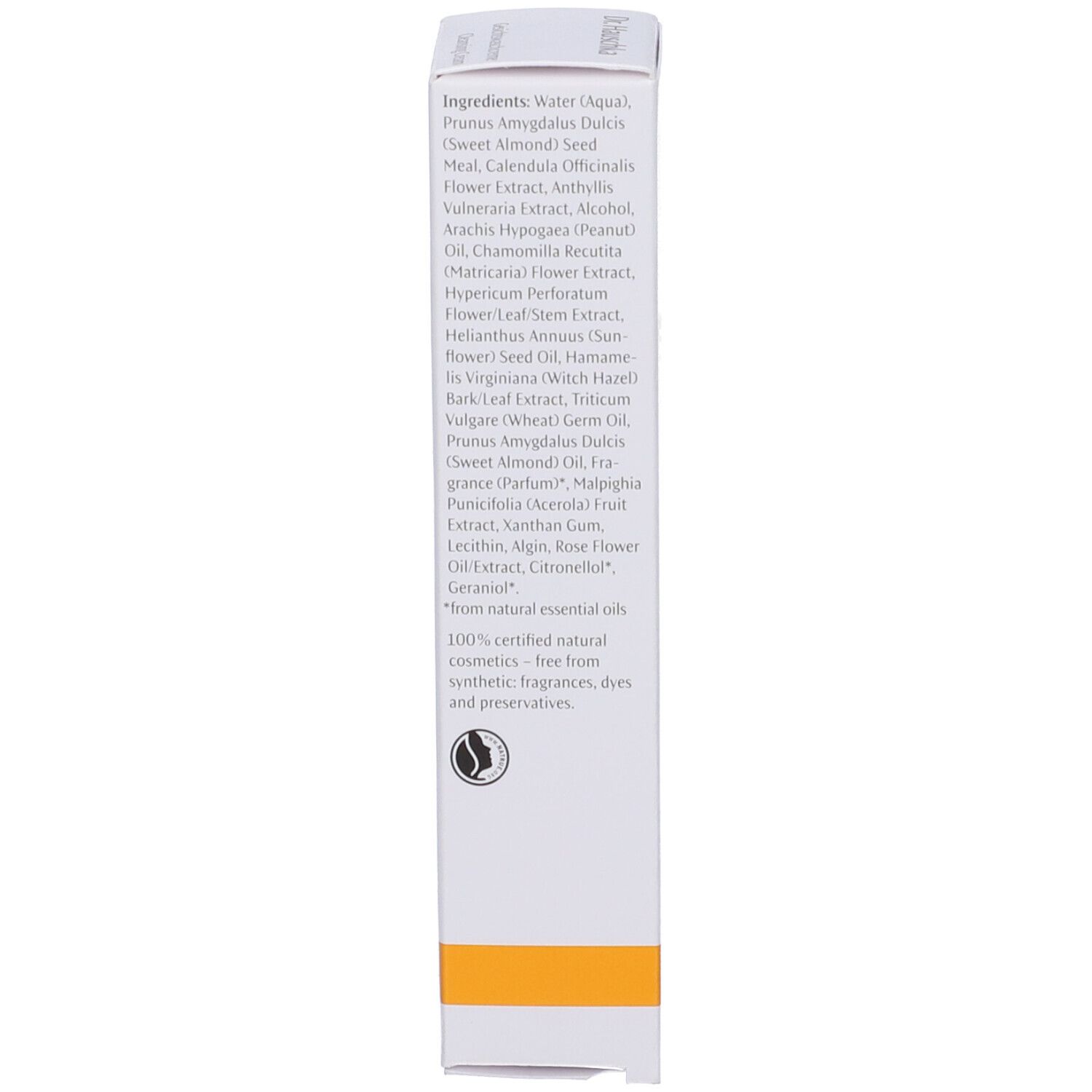 Verpackung mit Inhaltsstoffliste und Siegel für zertifizierte Naturkosmetik.