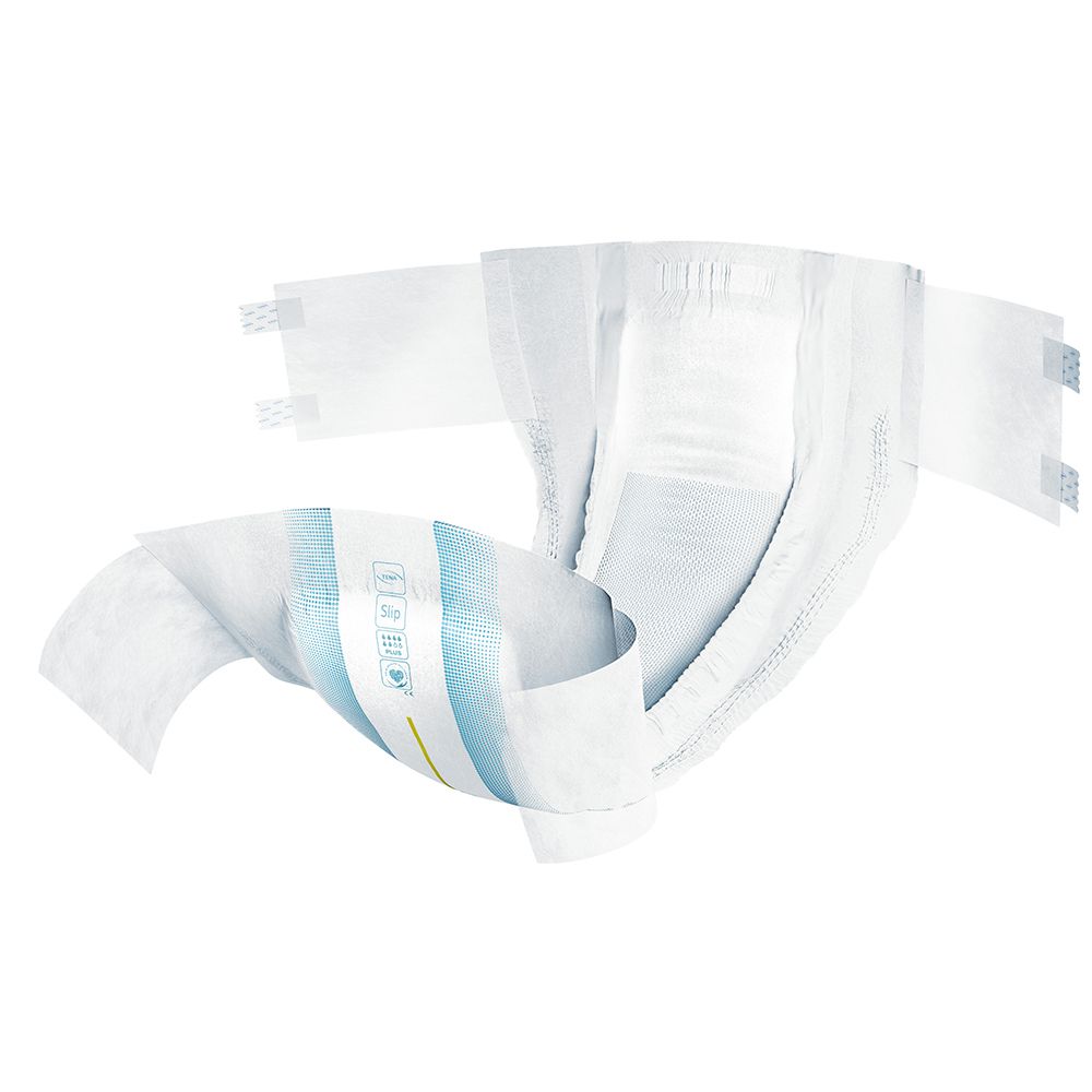 Offener TENA ProSkin Slip. Weiß mit blauen und gelben Akzenten. Zeigt die Innenseite und Befestigungslaschen.