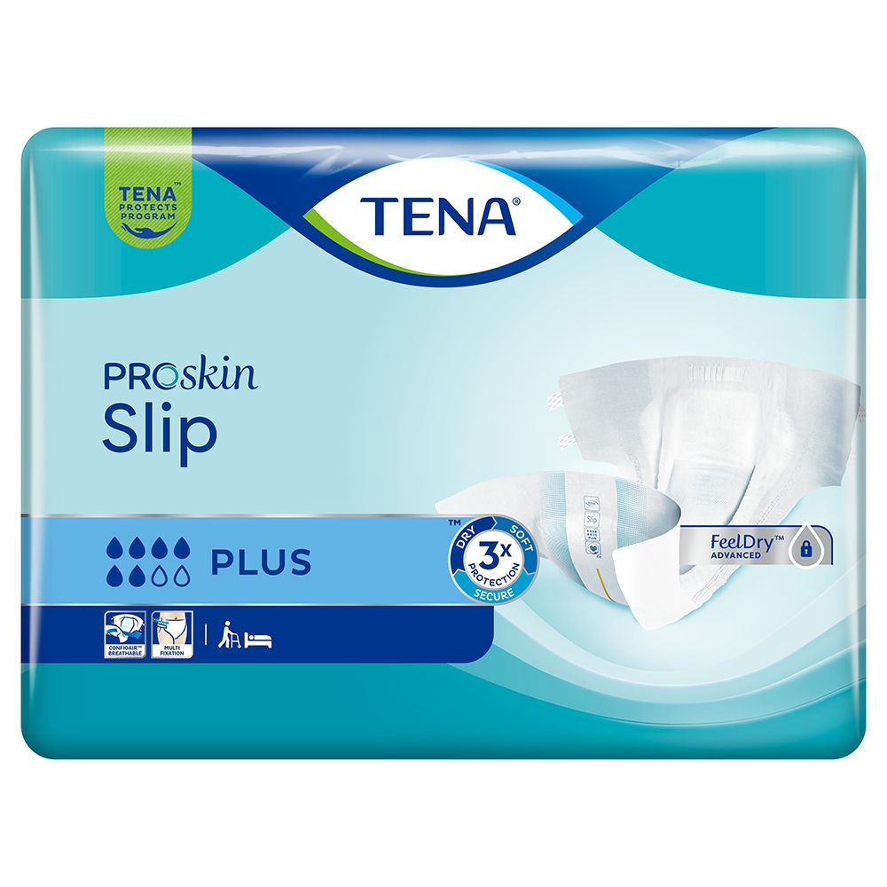 Verpackung von TENA ProSkin Slip XL. Blaue Verpackung mit Produktabbildung und Text. Enthält 30 Stück.