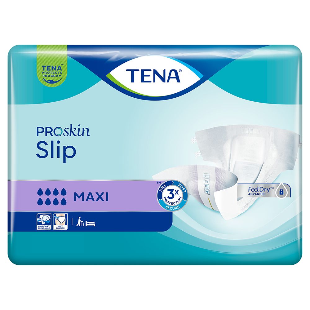 Verpackung TENA ProSkin Slip Maxi XL. Enthält 24 Stück. Mit Feeldry und 3x Schutz. XL-Größe.