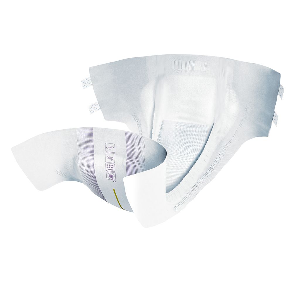 Offene TENA ProSkin Slip. Innenansicht. Mit gelben Streifen und Befestigungslaschen. Weiß und lila.