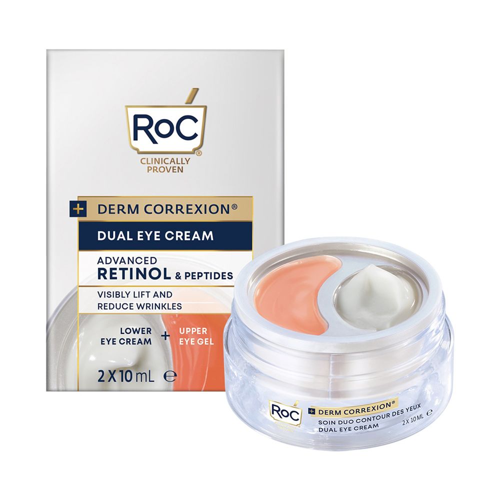 Creme-Duo für die Augenpartie. Zwei Kammern mit Cremes. Verpackung mit Produktnamen und Logo.