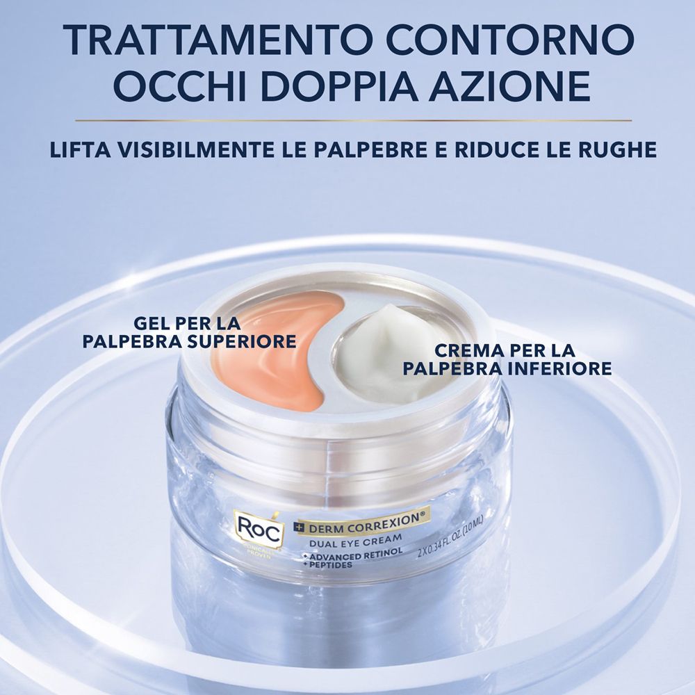 Augencreme-Duo in Glasbehälter. Zwei Cremes in separaten Kammern. Produktname und Logo sichtbar.