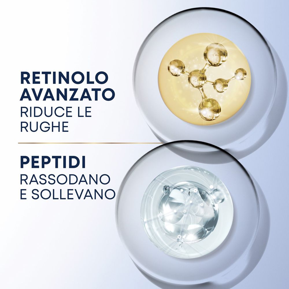 Zwei Kreise mit Text. Einer zeigt Retinol, der andere Peptide. Hintergrund in Blautönen.