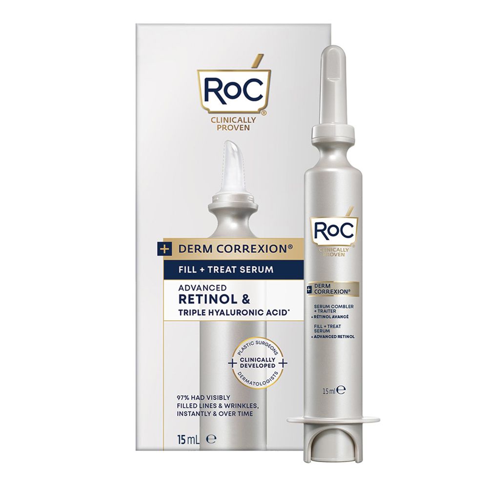 RoC Derm Correxion Fill + Treat Serum. Verpackung und Flasche. 15 ml. Enthält Retinol und Hyaluronsäure.