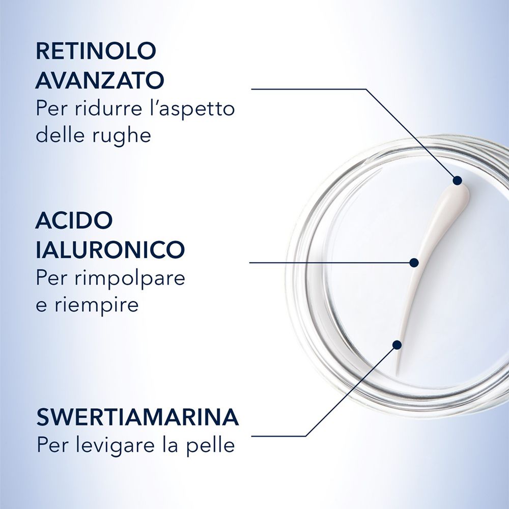 Grafik mit Text. Retinol, Hyaluronsäure und Swertiamarina. Beschreibungen der Inhaltsstoffe.