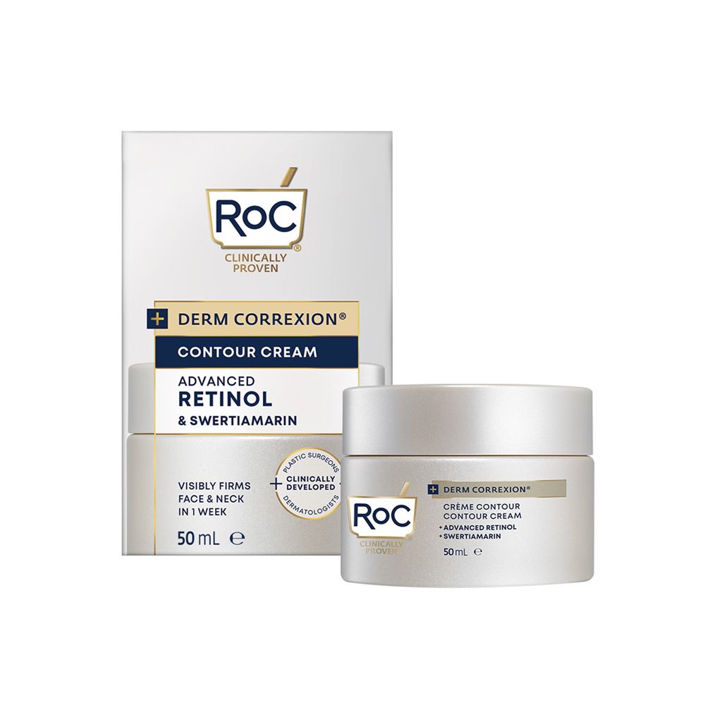 Creme-Dose und Verpackung. Aufschrift: Roc, Derm Correxion, Contour Cream, Advanced Retinol & Swertiamarin. 50 ml.