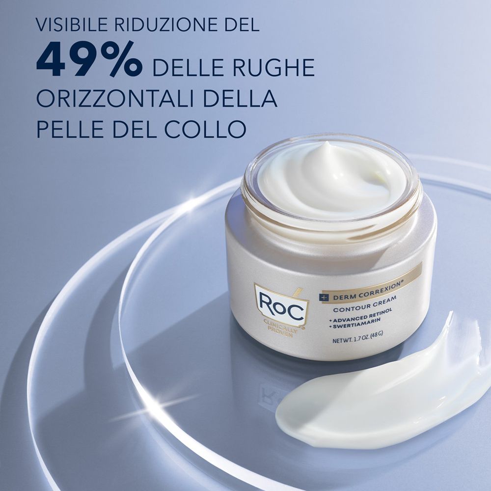 Creme-Dose mit Creme-Klecks. Aufschrift: Roc, Derm Correxion, Contour Cream, Advanced Retinol & Swertiamarin. 50 ml.