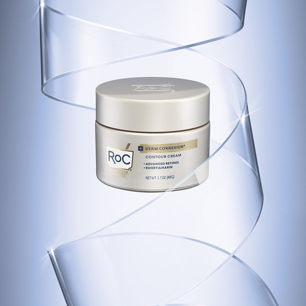 Creme-Dose mit Band. Aufschrift: Roc, Derm Correxion, Contour Cream, Advanced Retinol & Swertiamarin. 50 ml.