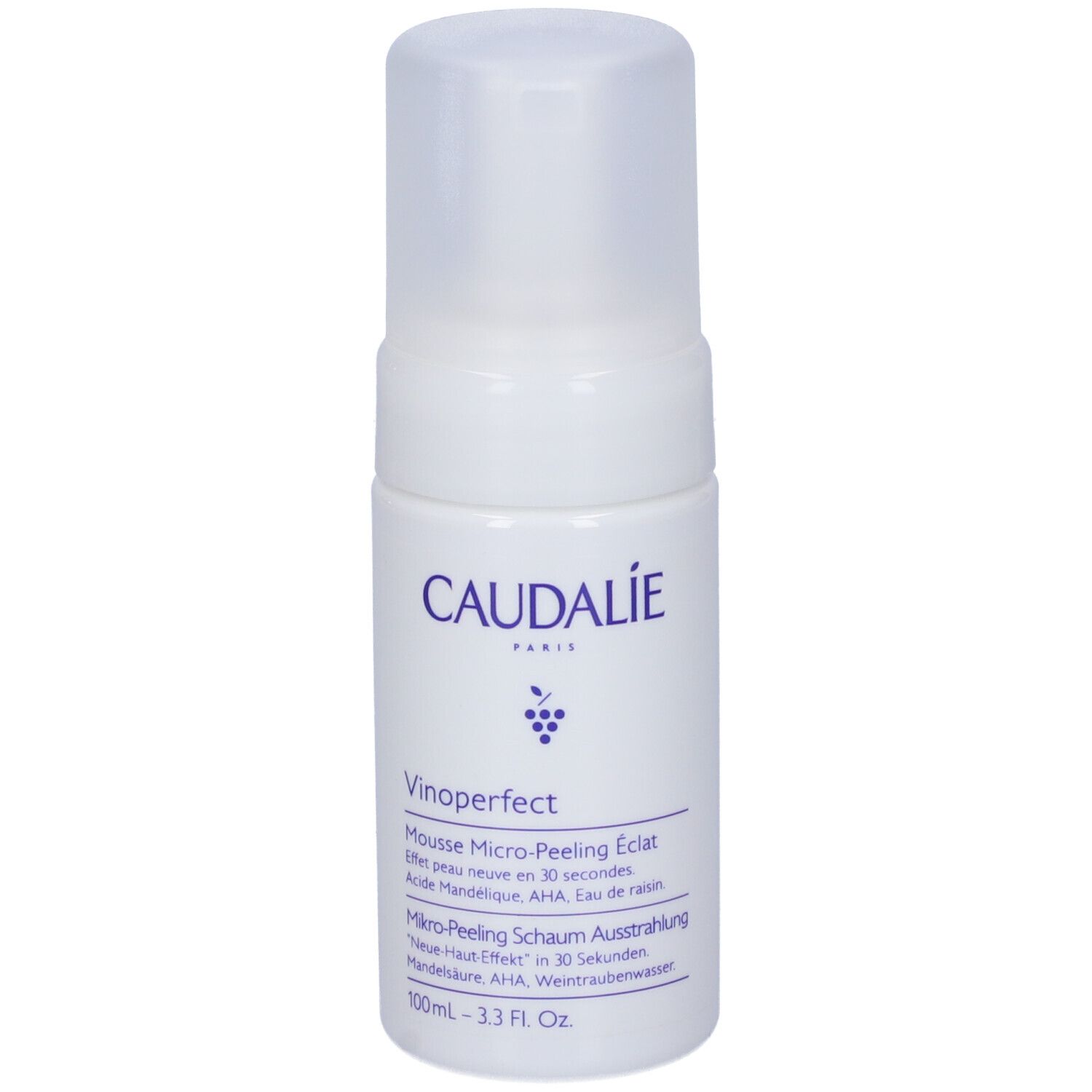 Weiße Flasche mit Caudalie-Logo und Produktbezeichnung. Enthält Mikro-Peeling Schaum. 100ml.