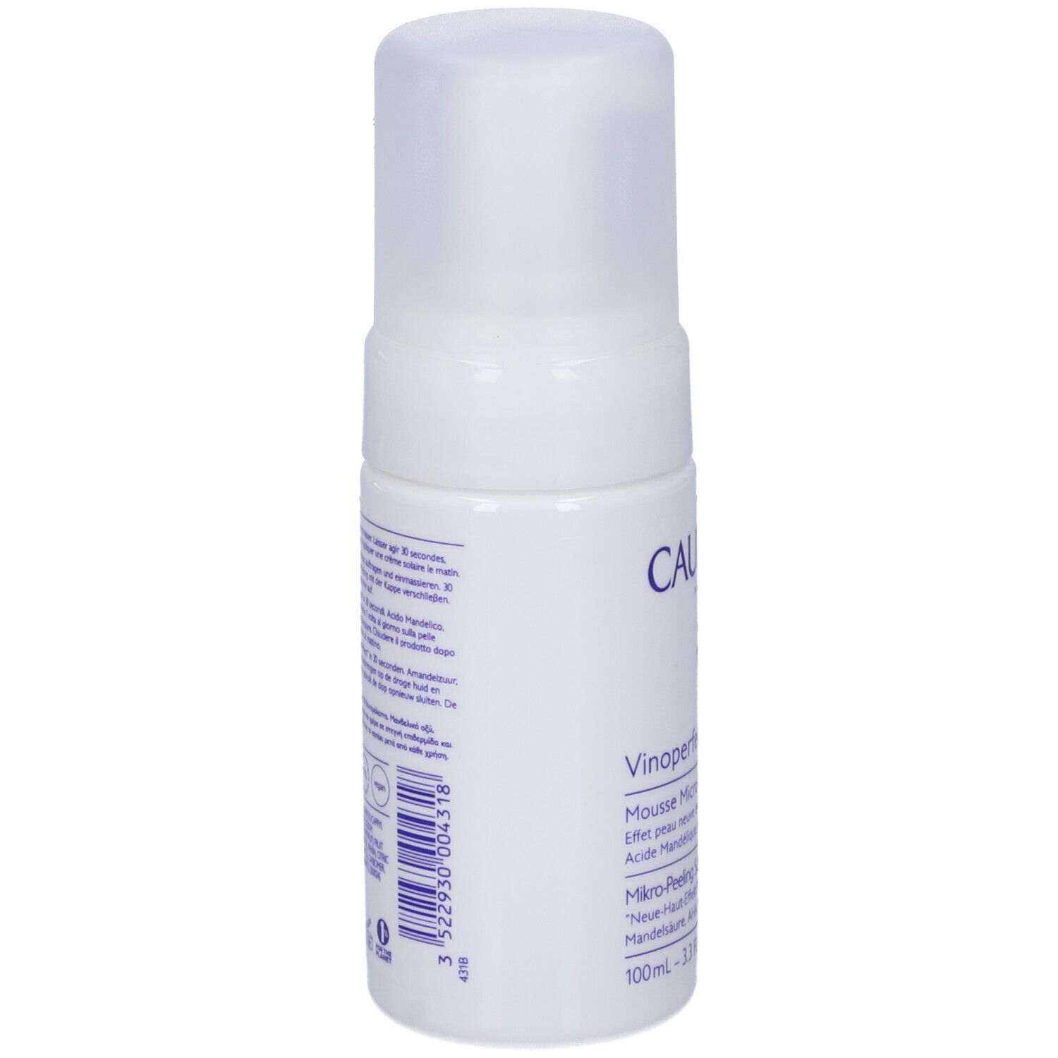 Rückseite der weißen Flasche. Caudalie Vinoperfect. Text in mehreren Sprachen. Inhaltsstoffe und Informationen.