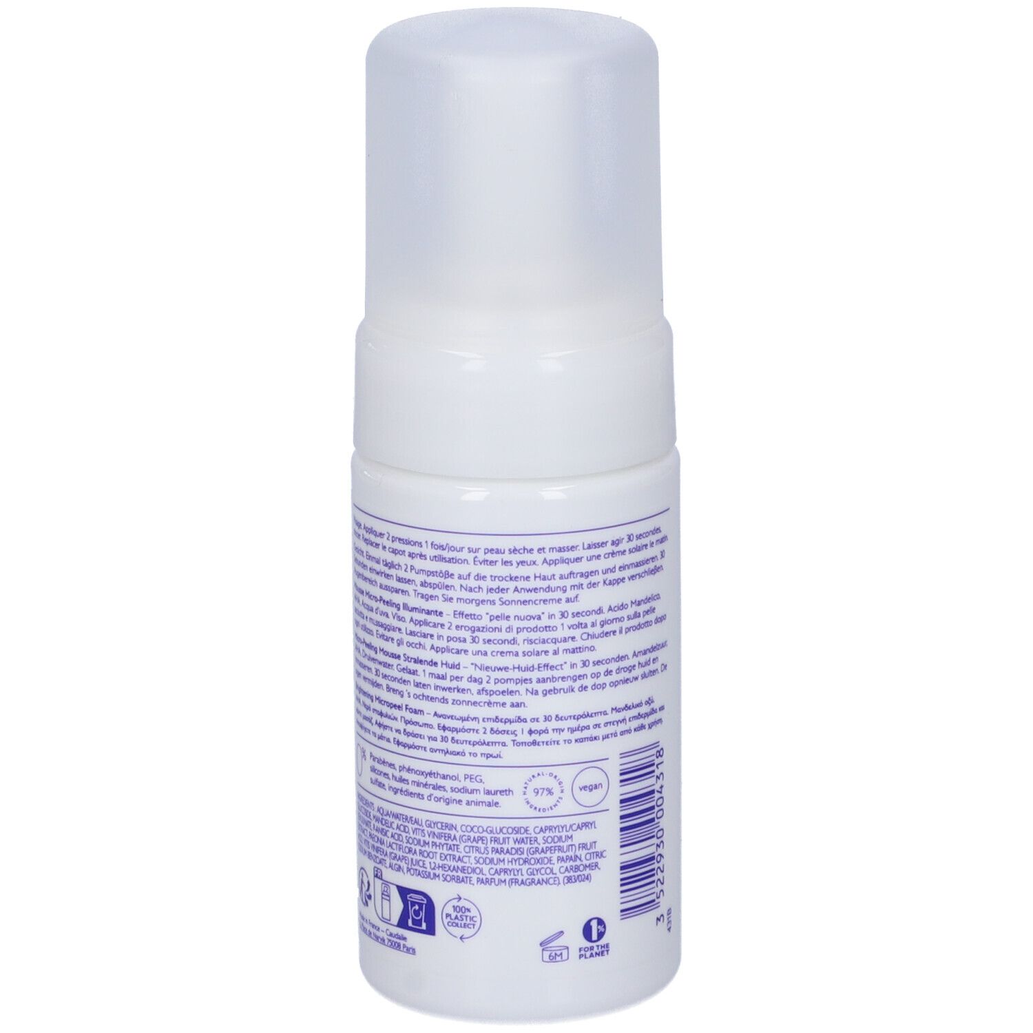 Rückseite der weißen Flasche. Caudalie Vinoperfect. Text in mehreren Sprachen. Inhaltsstoffe und Informationen.