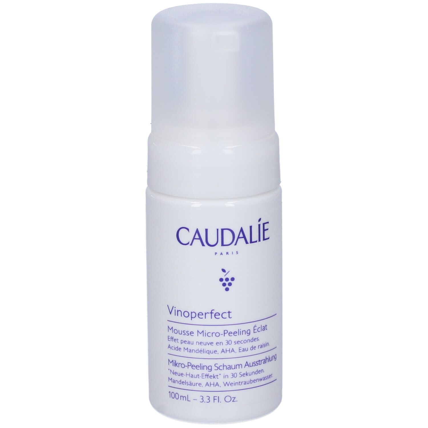 Weiße Flasche mit Caudalie-Logo und Produktbezeichnung. Enthält Mikro-Peeling Schaum. 100ml.
