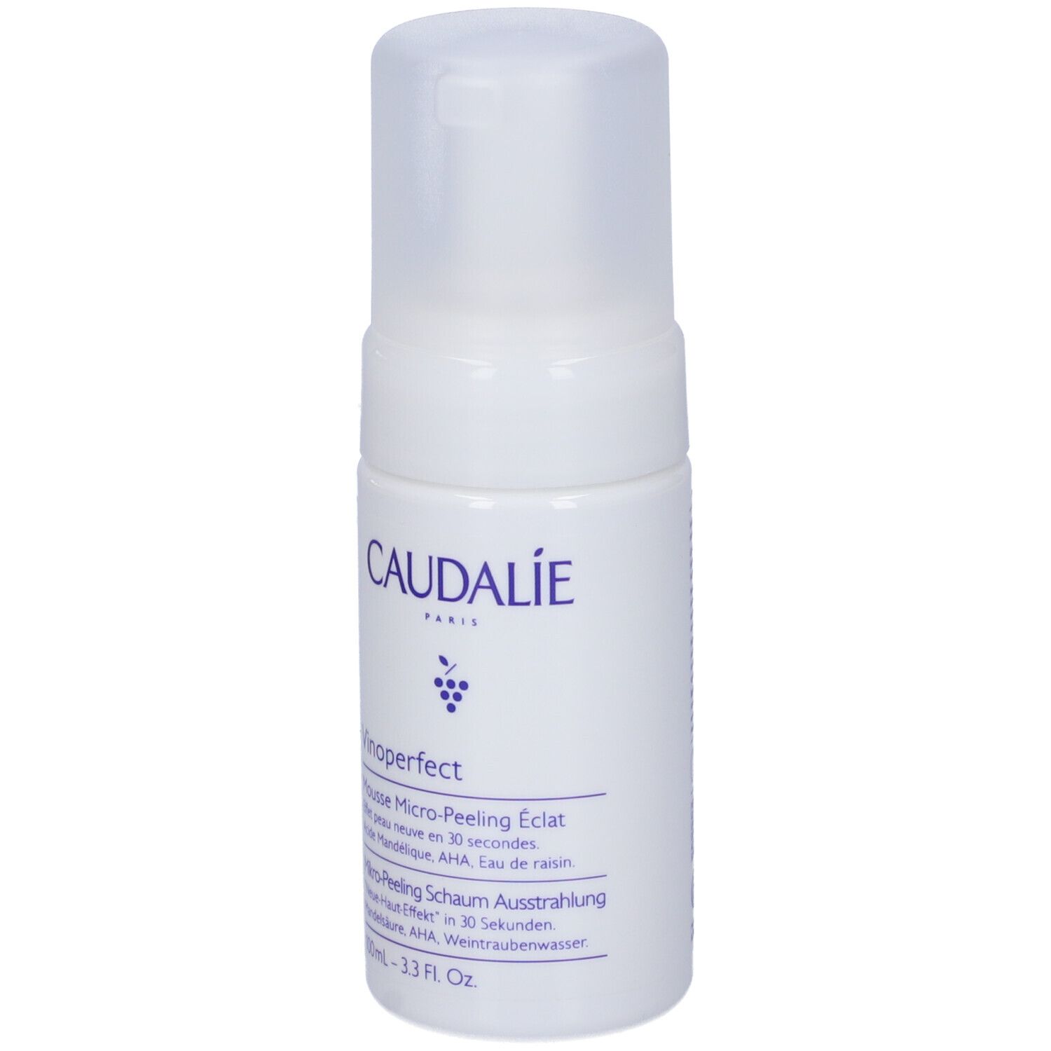 Weiße Flasche mit Caudalie-Logo und Produktbezeichnung. Enthält Mikro-Peeling Schaum. 100ml.