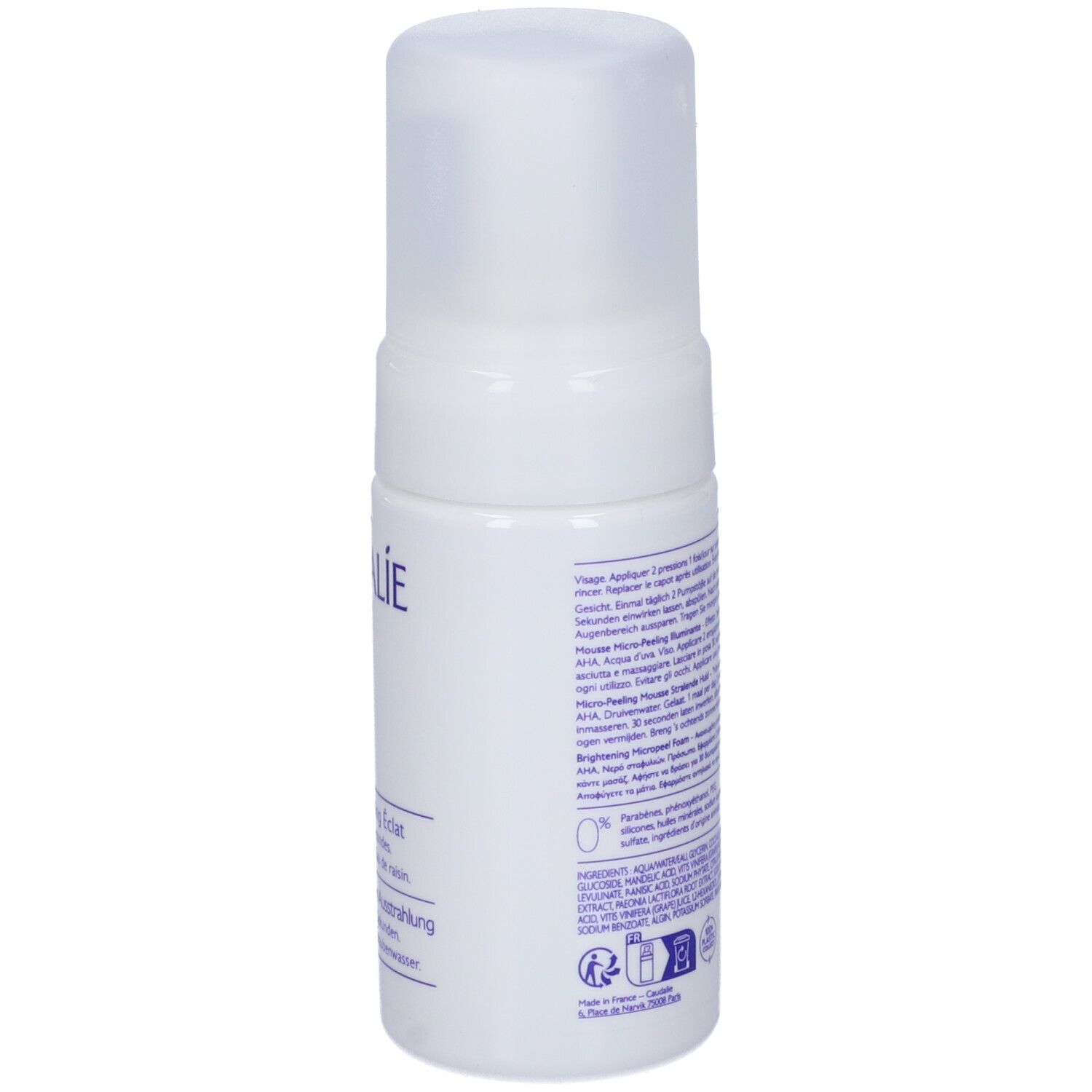 Rückseite der weißen Flasche. Caudalie Vinoperfect. Text in mehreren Sprachen. Inhaltsstoffe und Informationen.