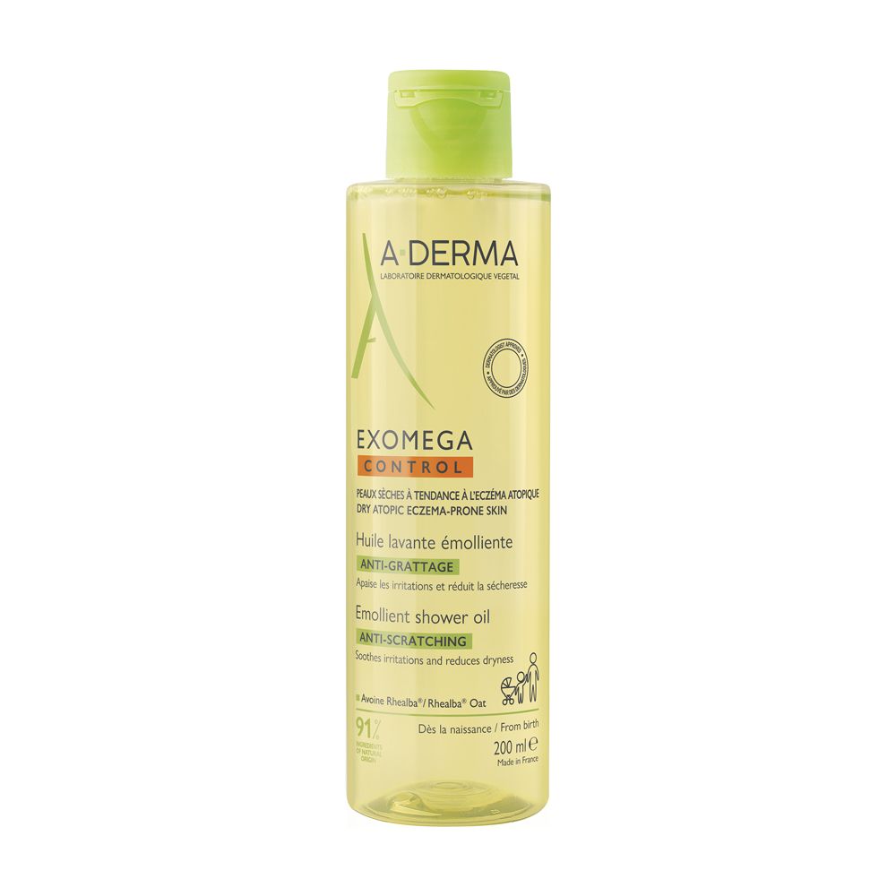 A-Derma Exomega Control Duschöl, 200ml. Gelbe Flüssigkeit in transparenter Flasche mit grünem Verschluss.