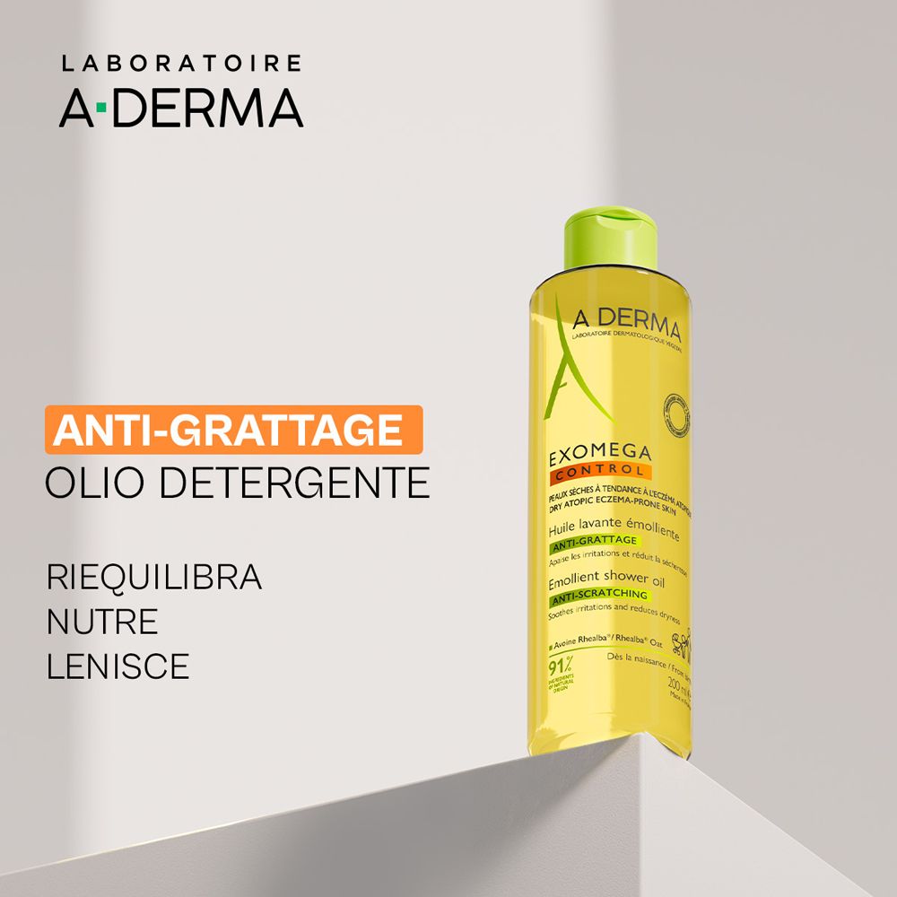 A-Derma Exomega Control Duschöl in gelber Flasche mit grünem Verschluss. Anti-Kratz-Formel.