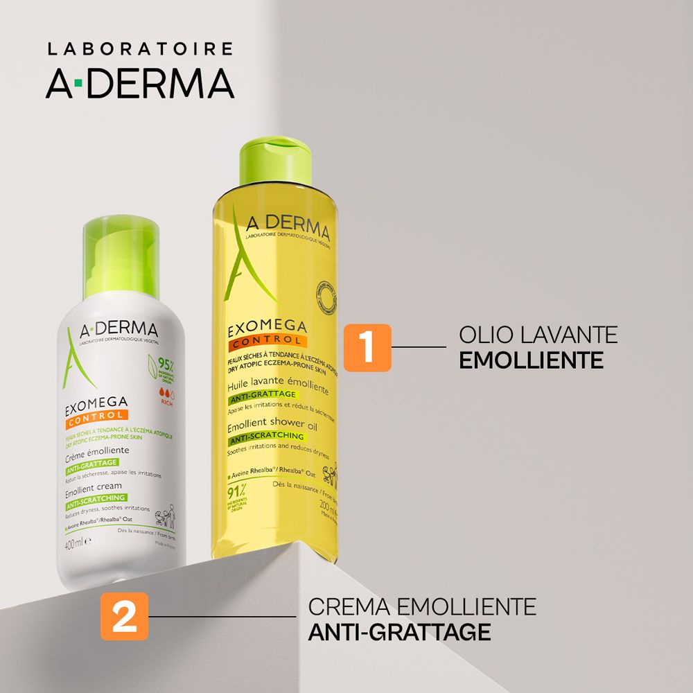 A-Derma Exomega Control: Emollient shower oil (1) and emollient cream (2) in bottles. Both are anti-scratching.