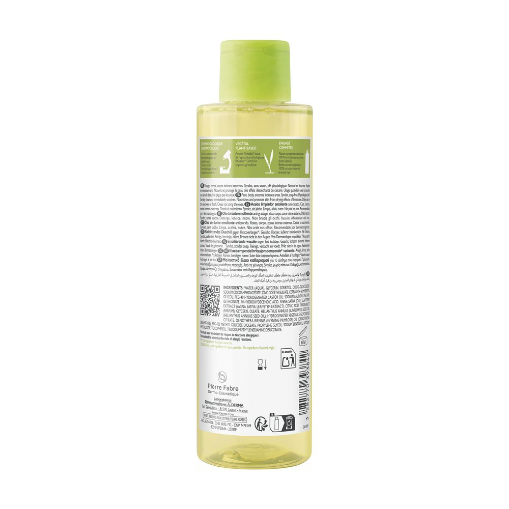 Klare Flüssigkeit in durchsichtiger Flasche mit grünem Verschluss. Rückseite mit Text und Barcode.