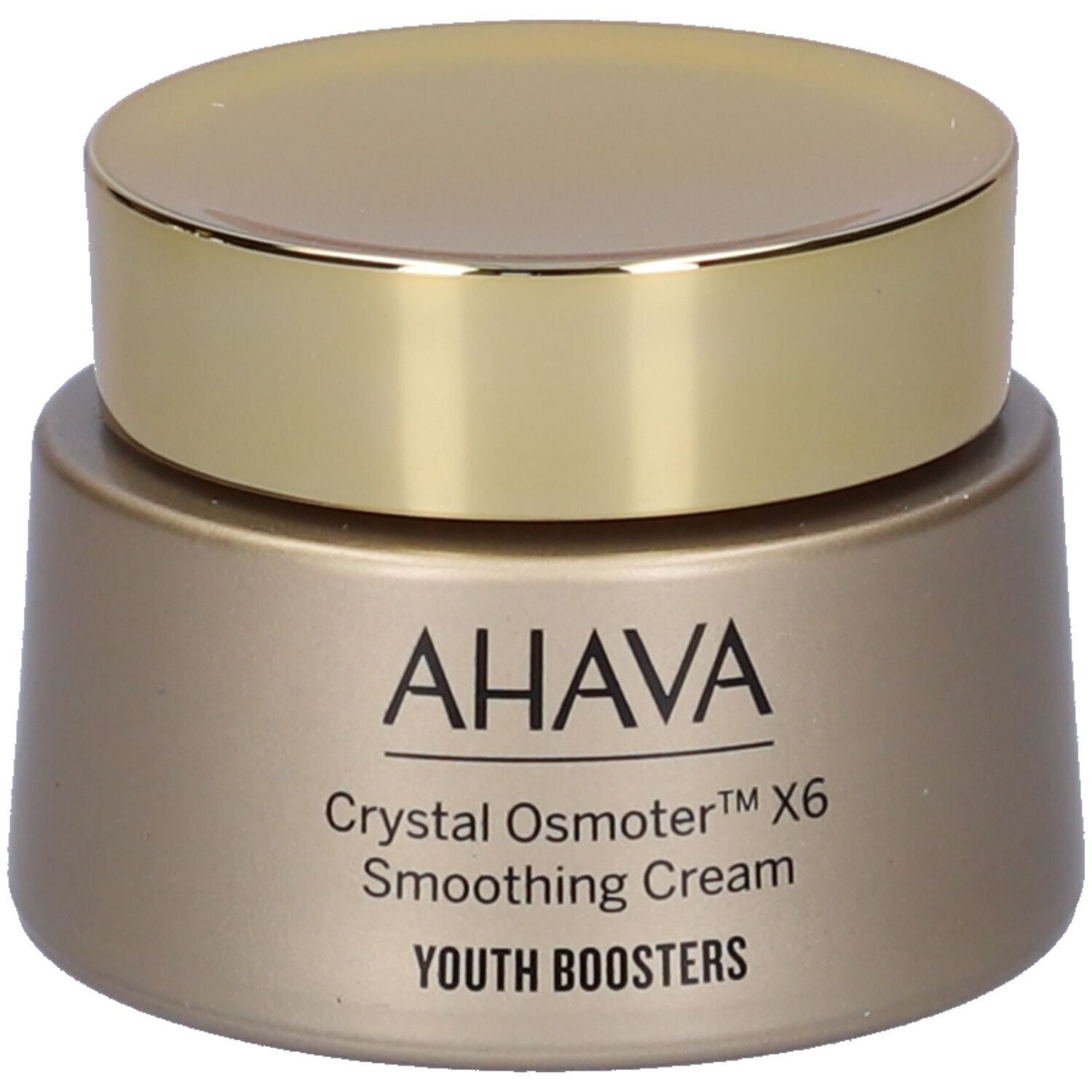 AHAVA Crema Levigante. Goldfarbener Tiegel mit goldenem Deckel. Aufschrift AHAVA, Crystal Osmoter X6, Smoothing Cream, Youth Boosters.