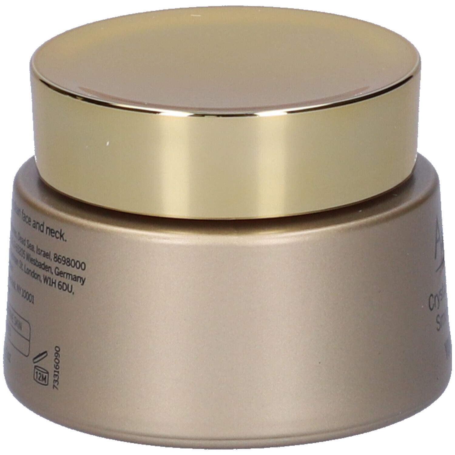 AHAVA Crema Levigante. Goldfarbener Tiegel mit goldenem Deckel. Seitenansicht mit Text.