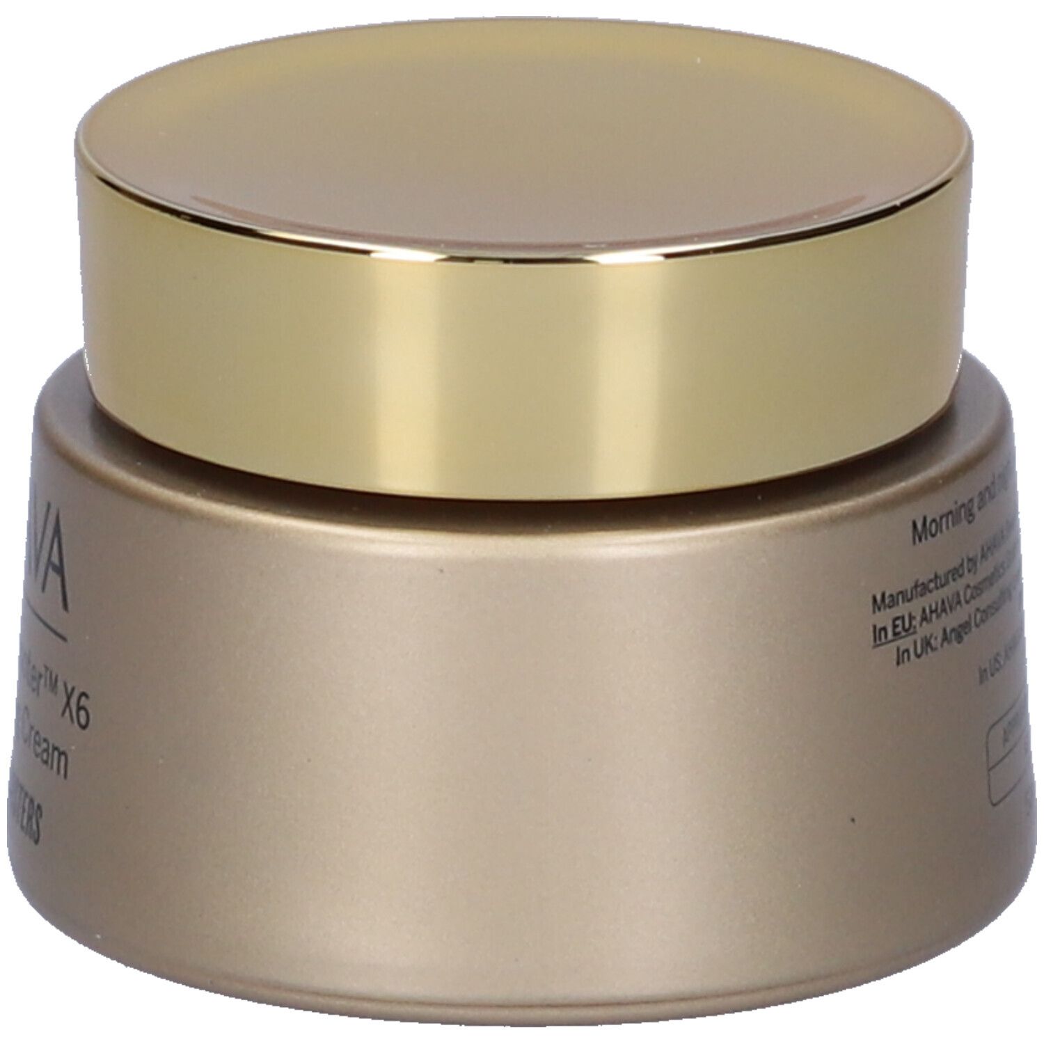 AHAVA Crema Levigante. Goldfarbener Tiegel mit goldenem Deckel. Seitenansicht mit Text.