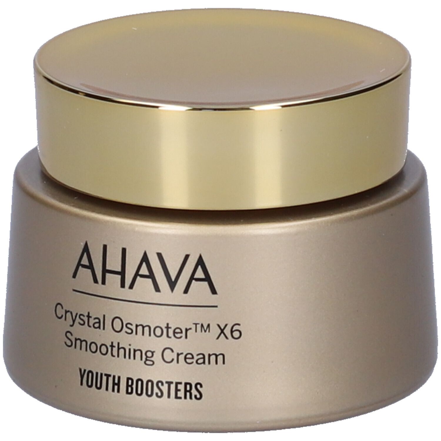 AHAVA Crema Levigante. Goldfarbener Tiegel mit goldenem Deckel. Aufschrift AHAVA, Crystal Osmoter X6, Smoothing Cream, Youth Boosters.