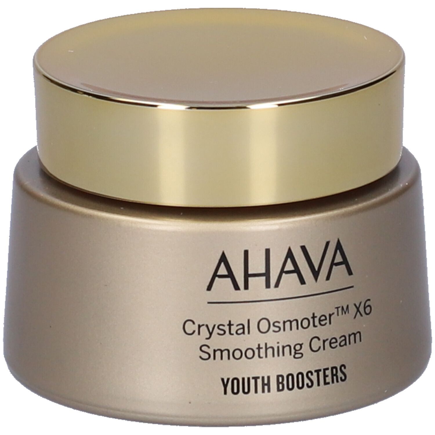 AHAVA Crema Levigante. Goldfarbener Tiegel mit goldenem Deckel. Aufschrift AHAVA, Crystal Osmoter X6, Smoothing Cream, Youth Boosters.