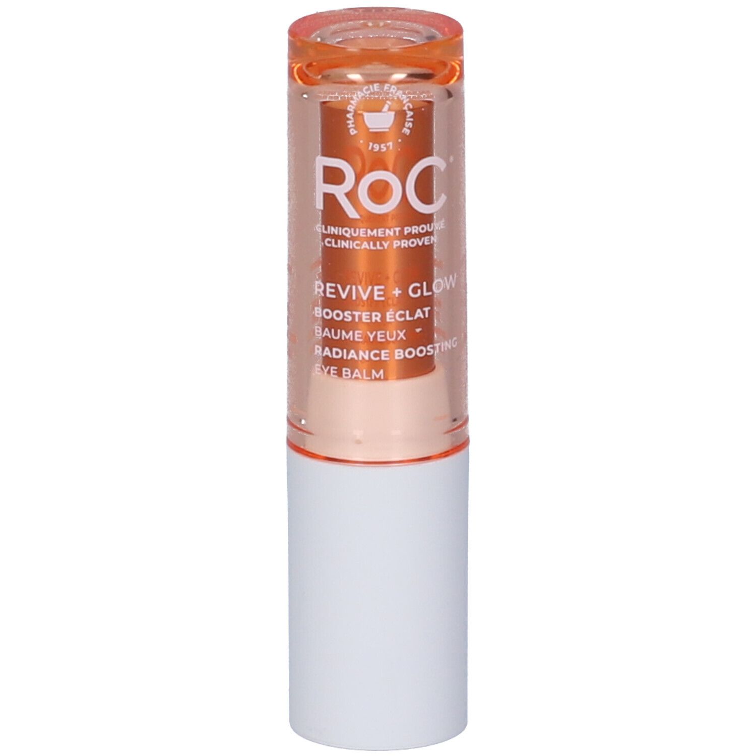 ROC Revive + Glow Augenbalsam in einem transparenten Behälter mit weißem Boden.
