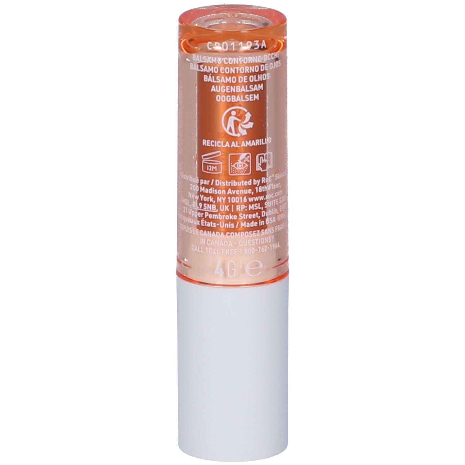 Rückseite des ROC Revive + Glow Augenbalsams mit Produktinformationen und Recycling-Symbolen.