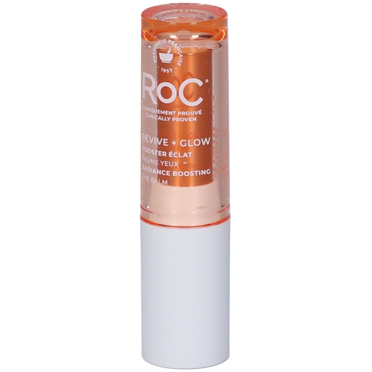ROC Revive + Glow Augenbalsam in einem transparenten Behälter mit weißem Boden und orangefarbenem Balsam.