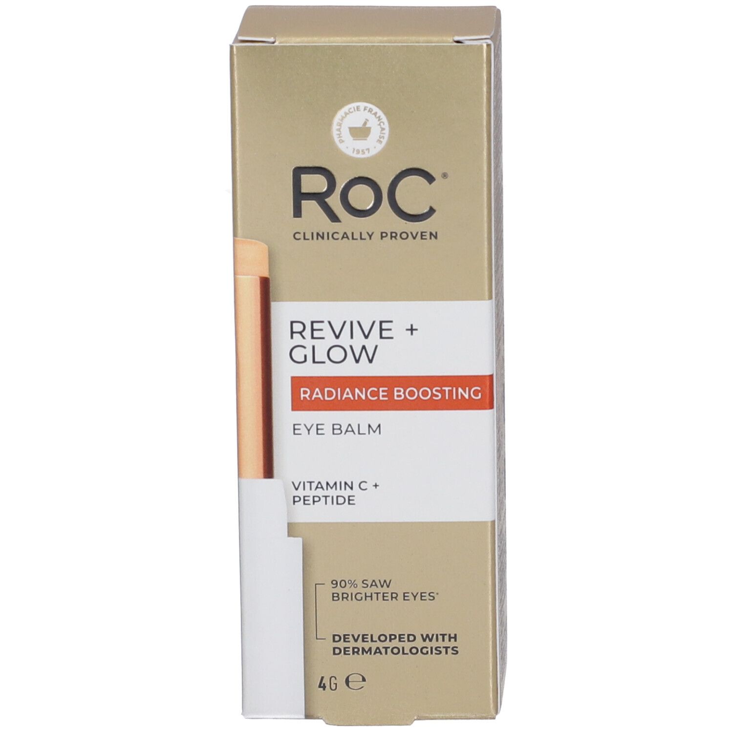 Verpackung des ROC Revive + Glow Augenbalsams mit Details zu Vitamin C + Peptid.