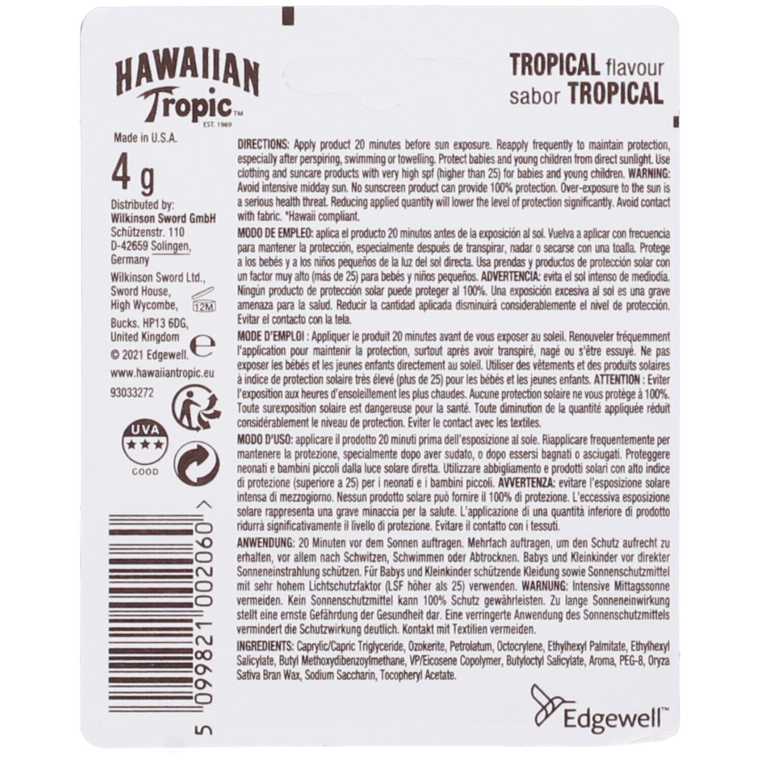 Rückseite der Verpackung. Text in mehreren Sprachen. Marke: Hawaiian Tropic. Informationen zu Inhaltsstoffen und Anwendung.