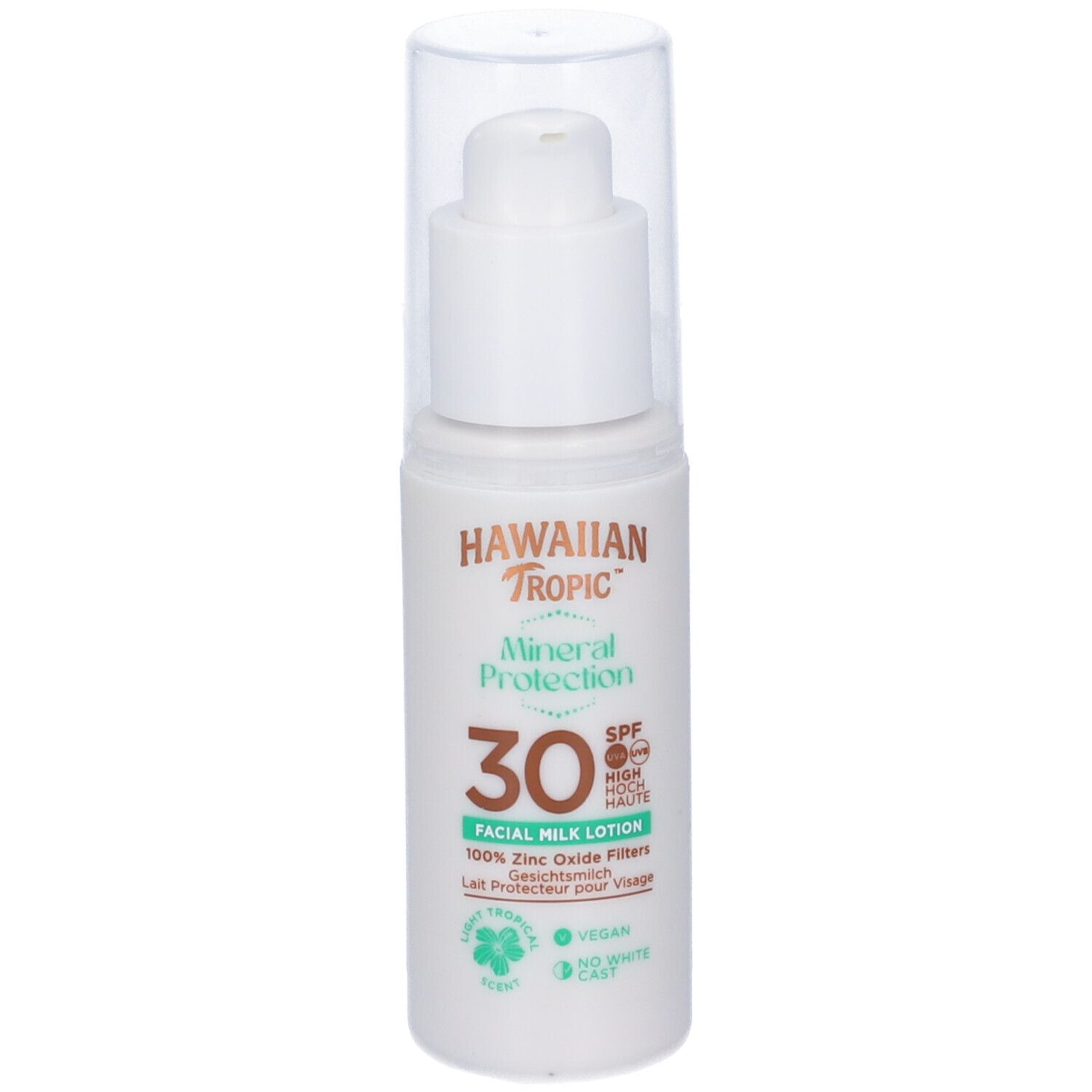 Weiße Flasche mit Pumpverschluss. Aufschrift: Hawaiian Tropic, Mineral Protection, 30 SPF, Facial Milk Lotion. Vegan.