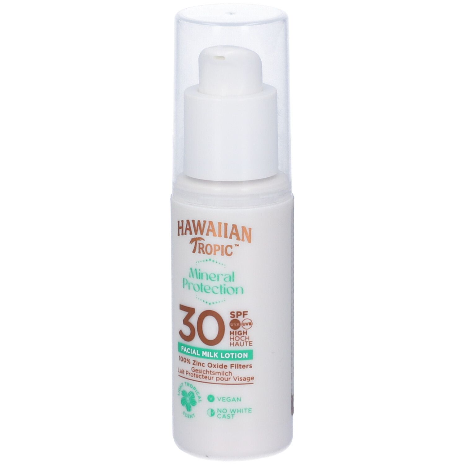 Weiße Flasche mit Pumpverschluss. Aufschrift: Hawaiian Tropic, Mineral Protection, 30 SPF, Facial Milk Lotion. Vegan.